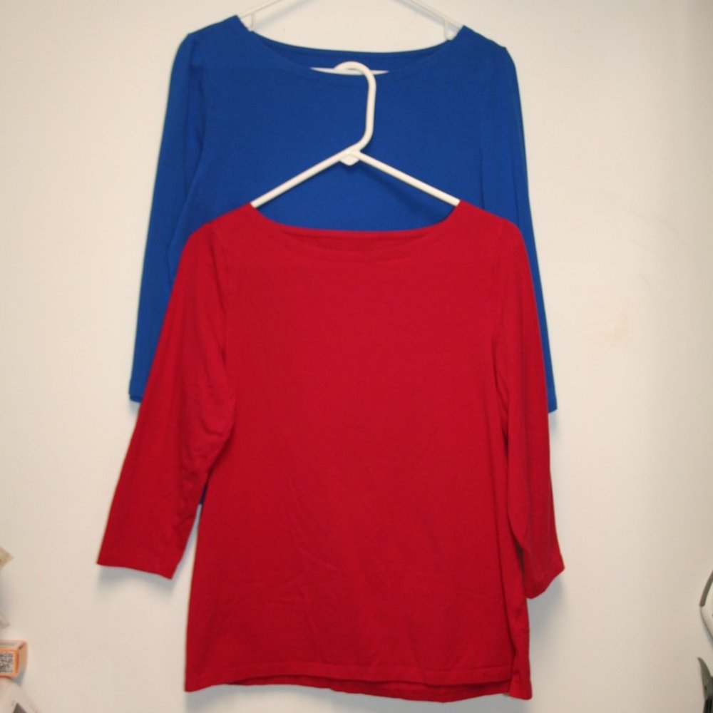 Two M Talbots Boatneck 3/4 Sleeve Shirts Blue & Red Women's